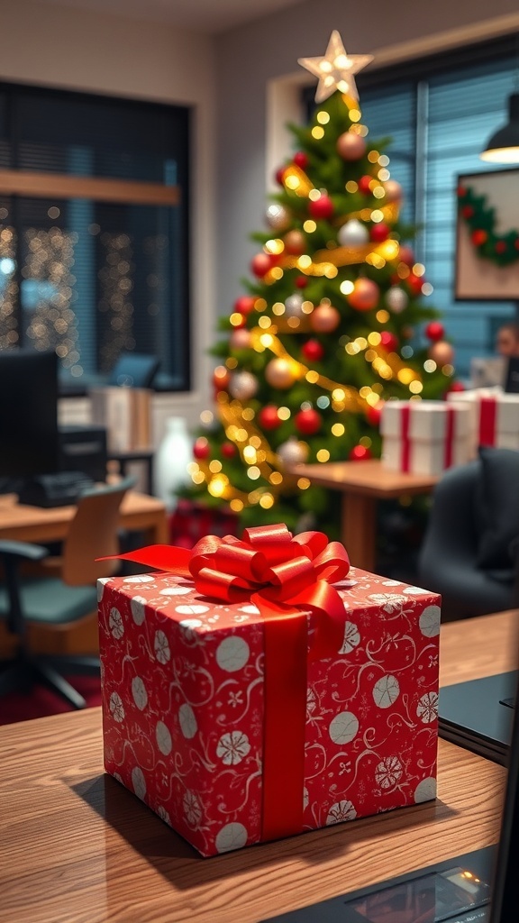Office Christmas Gift Ideas A Christmas gift box on an office desk with a decorated tree in the background.